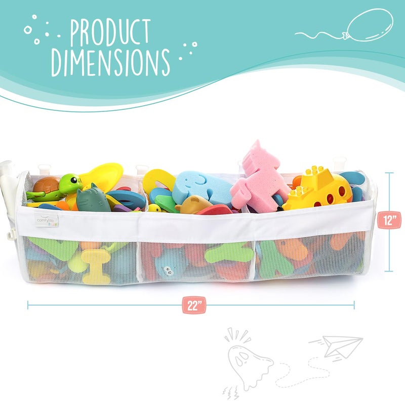 Comfylife Large Bath Toy Organizer - 3 Compartment Bath Toy Holder for Bathtub & Shower - Quick-Dry Mesh with 4 Strong Adhesive Hooks - Kids Toys Storage Net for Bathroom  shower & Tub - Image 2